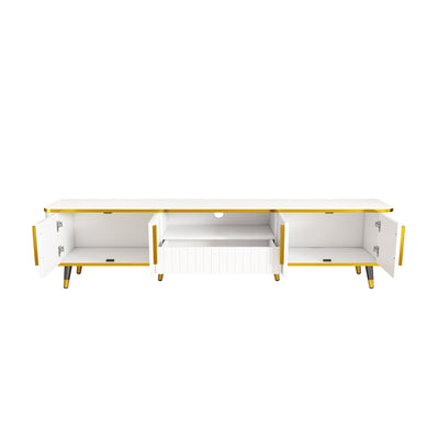ON-TREND Luxury Minimalism TV Stand with Open Storage Shelf for TVs Up to 85', Entertainment Center with Cabinets and Drawers, Practical Media Console with Unique Legs for Living Room, White