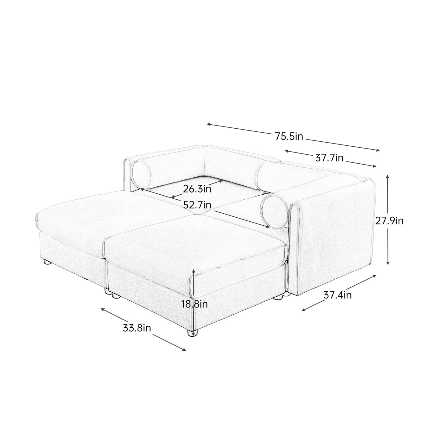 Modern Blue Chenille 2-Seater Sofa with Ottoman Storage and Cylindrical Support