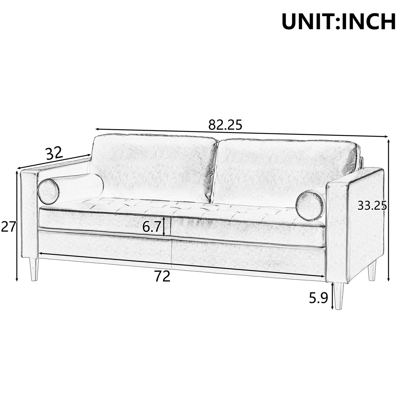 Mirod Mid-Century Modern PU Leather 3-Seat Sofa, Tufted Design, Solid Wood Legs, 2 Bolster Pillows, Comfortable Couch for Living Room & Home Office
