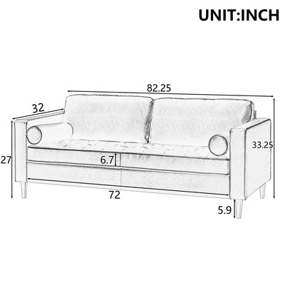 Mirod Mid-Century Modern PU Leather 3-Seat Sofa, Tufted Design, Solid Wood Legs, 2 Bolster Pillows, Comfortable Couch for Living Room & Home Office