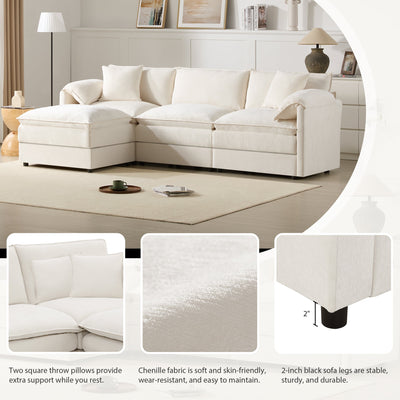 Chenille Modular Sectional Sofa with Deep Seat and Movable Ottoman in Cream