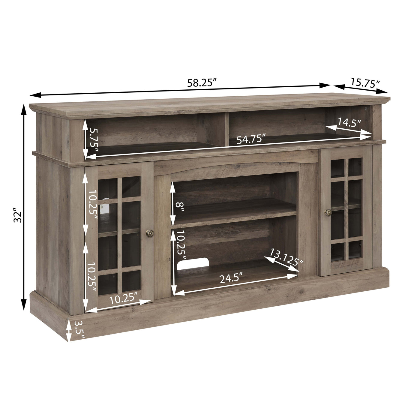 Classic TV Media Stand Modern Entertainment Console with 23' Fireplace Inset for TV Up to 65' with Open and Closed Storage Space, Gray Wash, 58.25'W*15.75'D*32'H