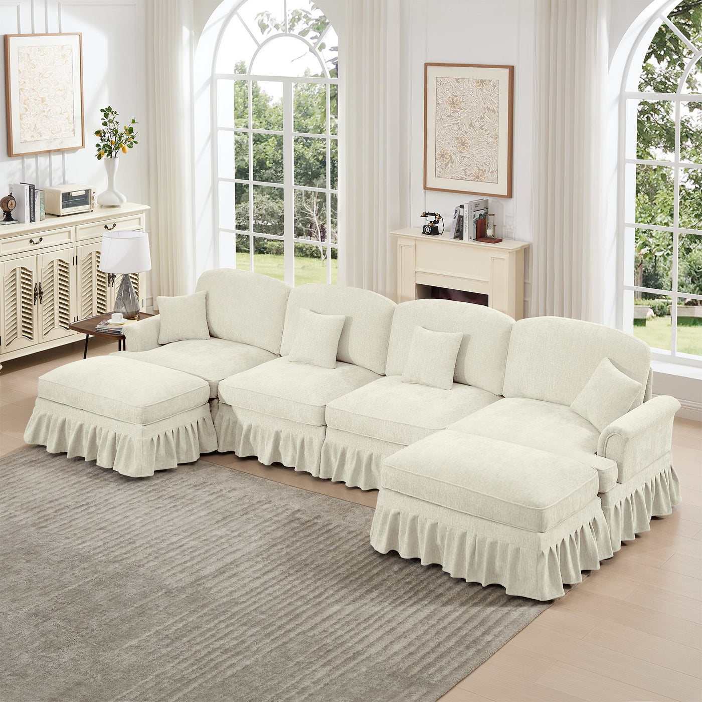 Classic U Shape 4 Seater Modular Sectional Sofa Couch with Flared Arms and Removable Ruffles Pleats Skirts and Spindle Legs, Chenille Deep Seat Cloud Sofa with Movable Ottomans, Beige White