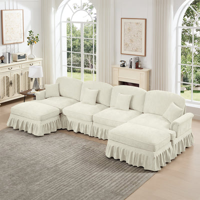 Classic U Shape 4 Seater Modular Sectional Sofa Couch with Flared Arms and Removable Ruffles Pleats Skirts and Spindle Legs, Chenille Deep Seat Cloud Sofa with Movable Ottomans, Beige White