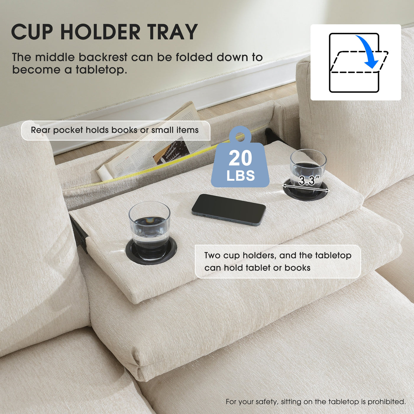 Chenille Sectional Sofa with Bluetooth Speaker, Comfy Cloud Couch Set with Drop Down Table, Cup Holders, USB Charger, Storage Armrest, Wide Seat, 96*35''