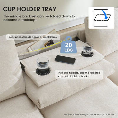 Chenille Sectional Sofa with Bluetooth Speaker, Comfy Cloud Couch Set with Drop Down Table, Cup Holders, USB Charger, Storage Armrest, Wide Seat, 96*35''