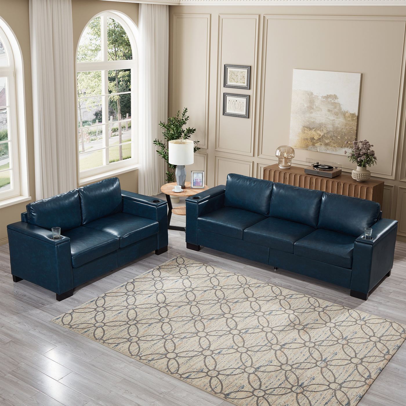 Two Pieces 2+3 seater Sofa Modern Style Living Room Sofa Faux Leather Couch,Square Arm Sofa with Cup Holder,Storage Sofa,Upholstered PU Leather Navy Blue