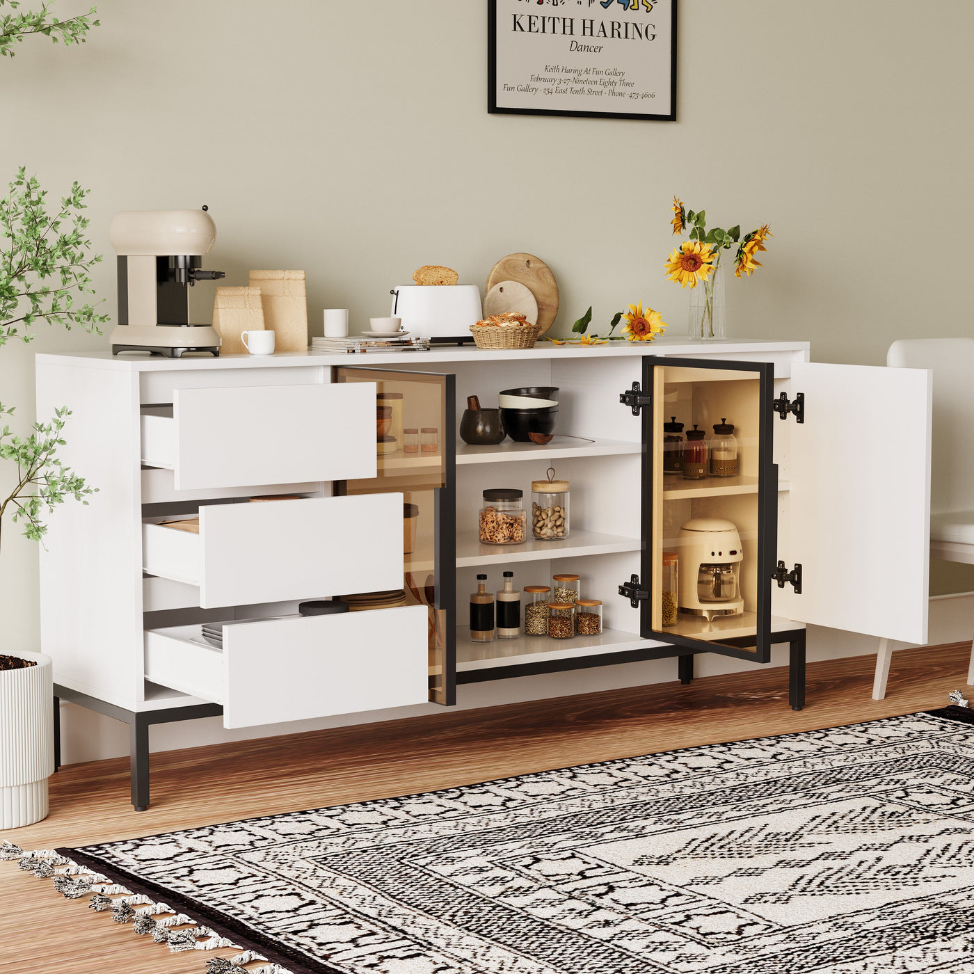 Buffet cabinet with storage, kitchen side panel storage room with doors and 3 drawers, pantry cabinet display rack, console, dining table manager furniture, living room dining room white