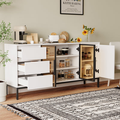 Buffet cabinet with storage, kitchen side panel storage room with doors and 3 drawers, pantry cabinet display rack, console, dining table manager furniture, living room dining room white