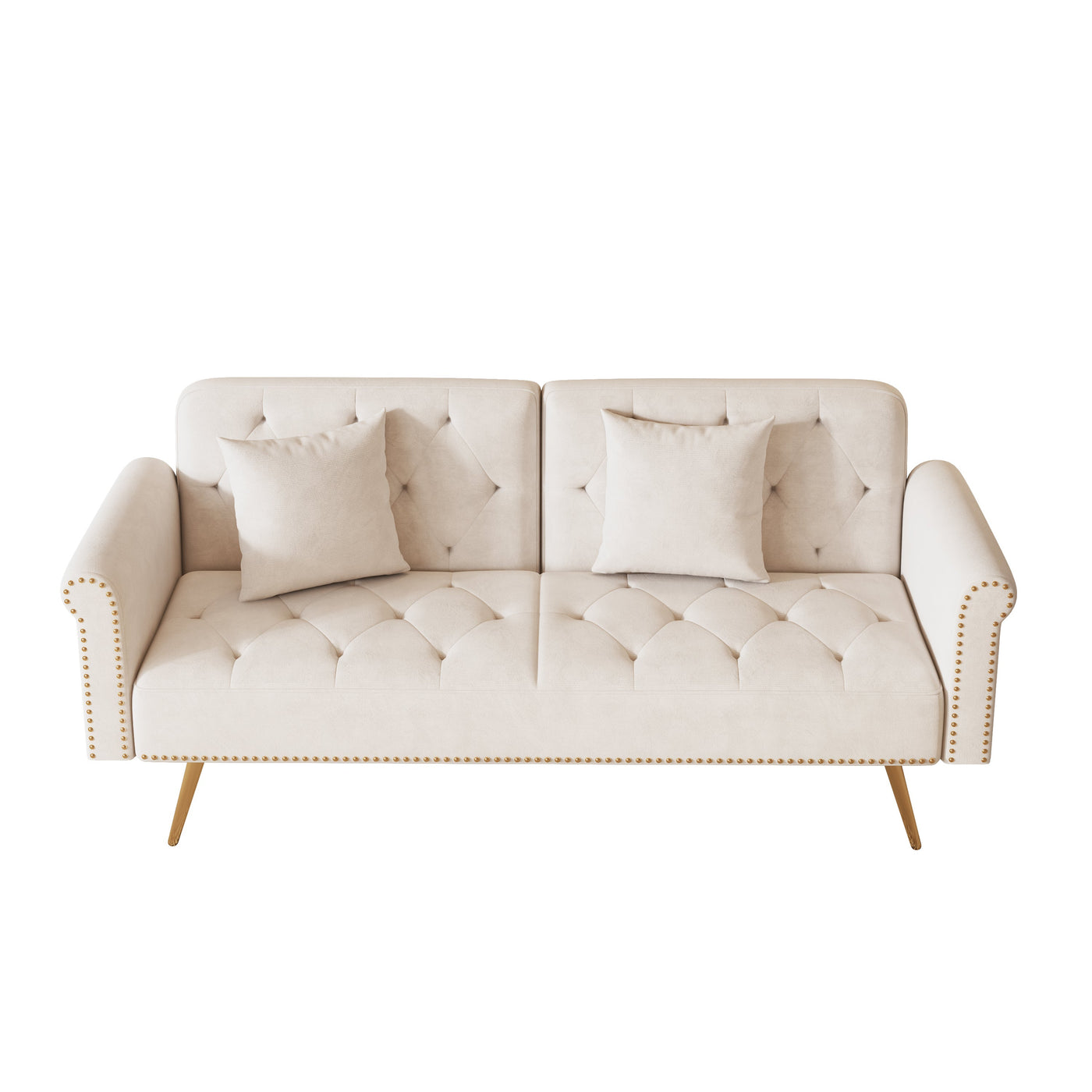Luxurious Velvet Sofa Bed with Nail Head Trim and Matching Pillow in Beige, 69.7-Inch