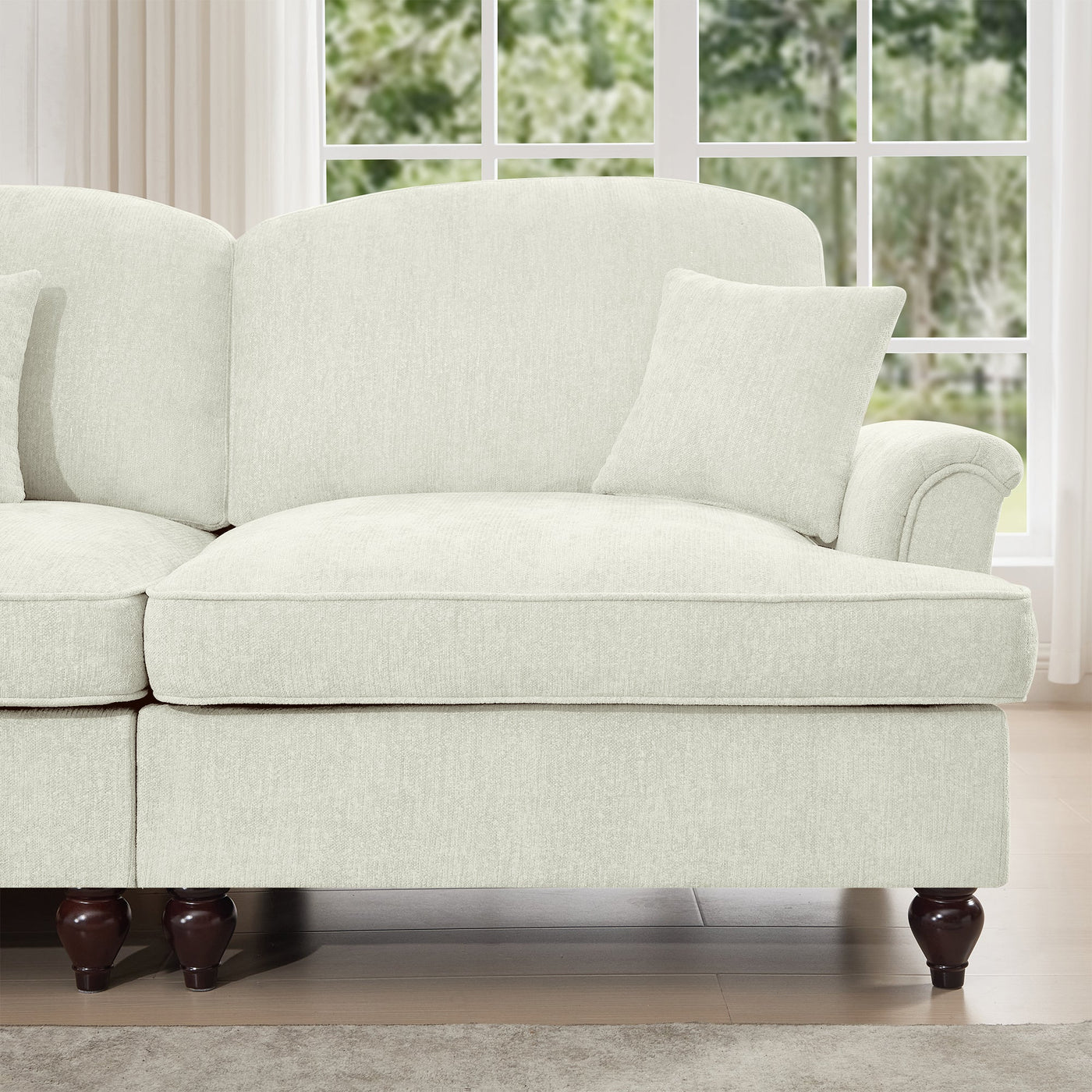 Classic U Shape 4 Seater Modular Sectional Sofa Couch with Flared Arms and Removable Ruffles Pleats Skirts and Spindle Legs, Chenille Deep Seat Cloud Sofa with Movable Ottomans, Beige White