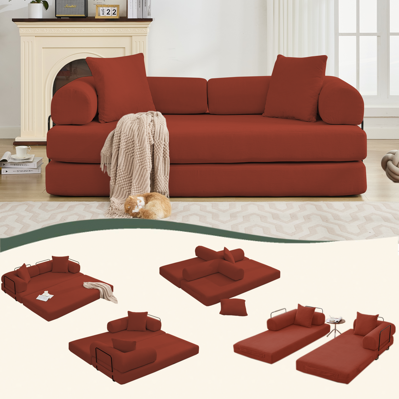 [NEW ARRIVED] [VIDEO PROVIDED] 78.5' Folding Convertible Out Sleeper Sofa Bed,5-in-1 DIY Combination Convertible  Sofa, 3 seat, Folding Sleeper Sofa, King Size , Bedroom,Apartment,Corduroy,Ancora Red