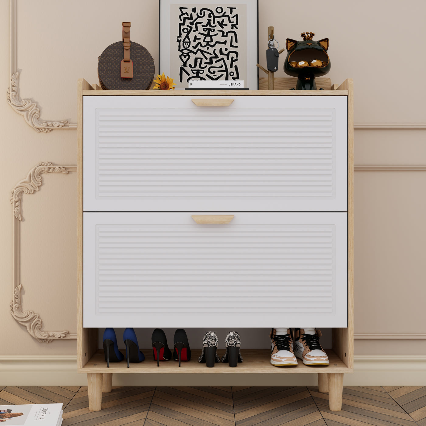 31.5 Inch Nordic Style Shoe Storage Cabinet with 2 Flip Drawers, Freestanding Organizer with Solid Wood Legs for Entryway, Narrow Shoe Rack Cabinet (White and Solid Wood Color Matched)