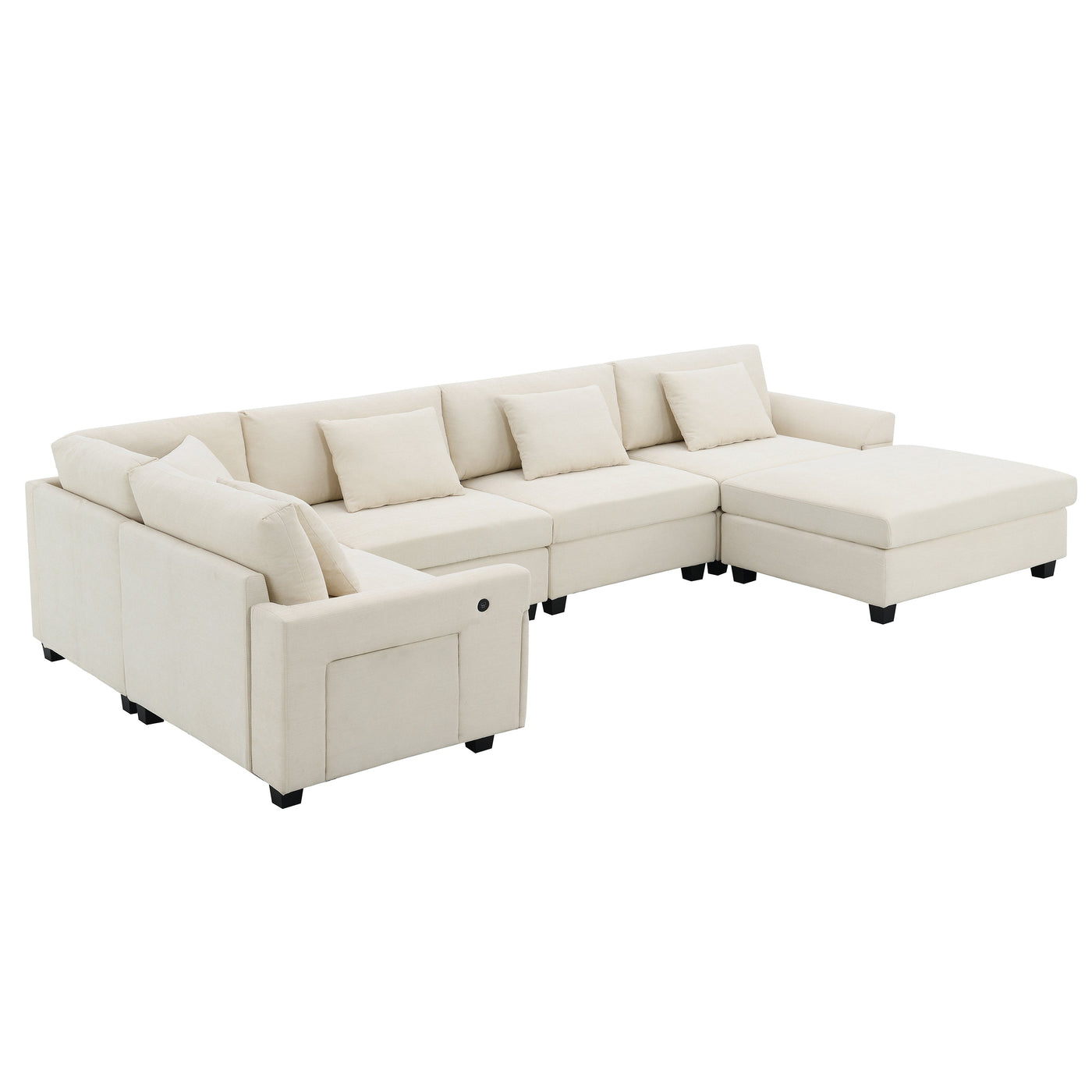 Chenille U Shaped Sectional Sofa with Ottoman, Storage, Cup Holders, and USB Ports, Off White, 128*67'