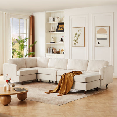 Modern Modular Sectional couch,6 Seaters Sleeper Sofa Upholstered Corduroy Free Combination Sofa(Beige)