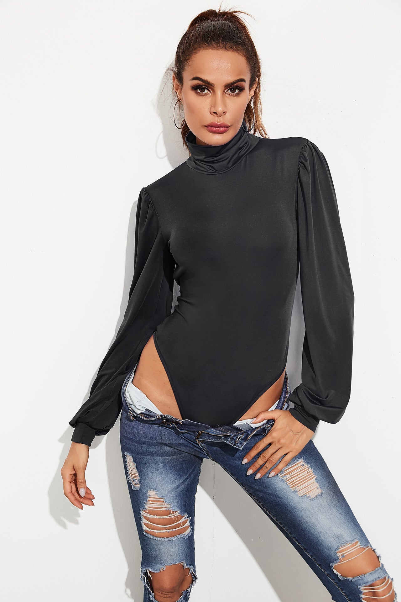 Women Lace Up Backless Women Autumn Small Turtleneck Pullover Long Sleeve Jumpsuit Sexy Solid Color Bottoming Shirt