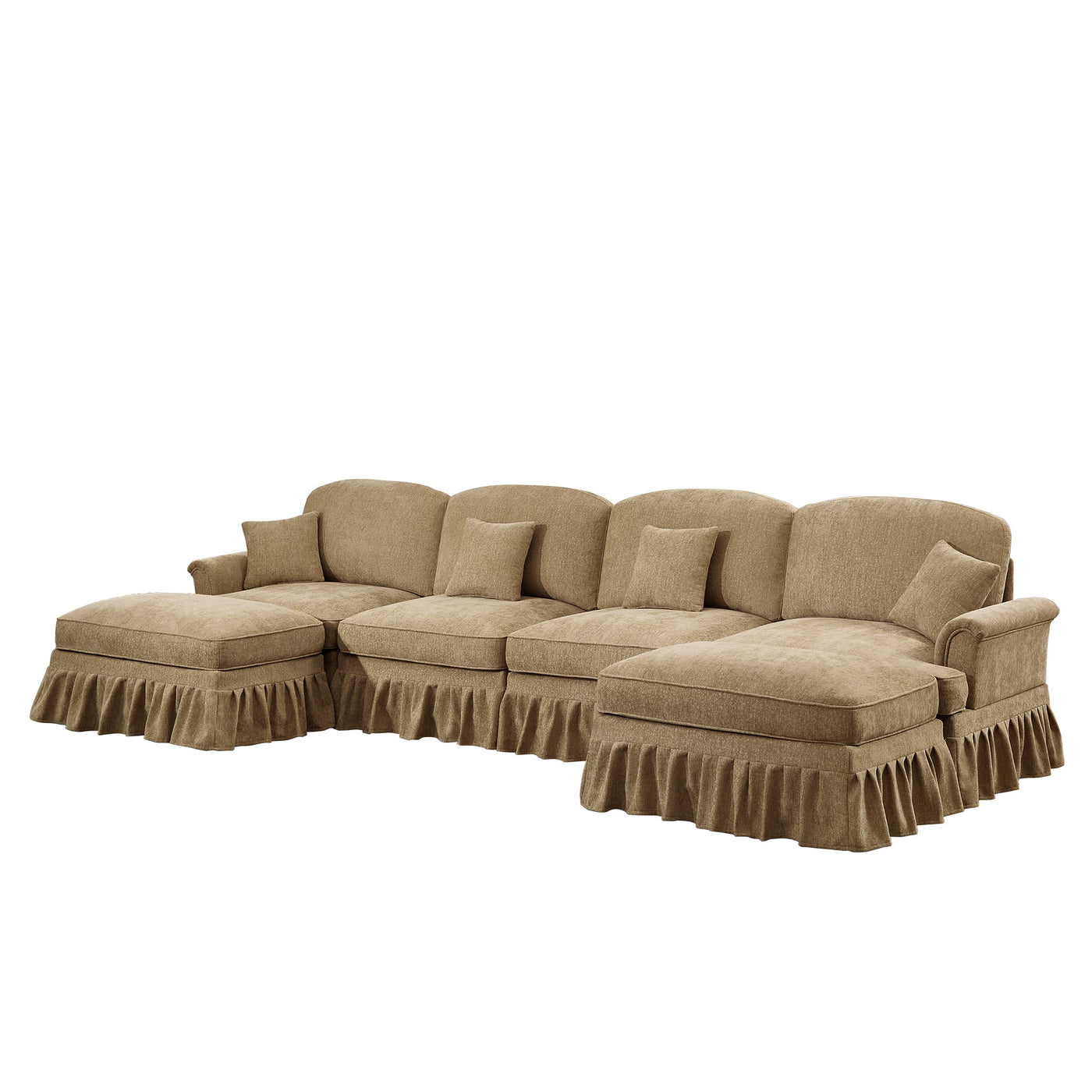 Classic U Shape 4 Seater Modular Sectional Sofa Couch with Flared Arms and Removable Ruffles Pleats Skirts and Spindle Legs, Chenille Deep Seat Cloud Sofa with Movable Ottomans, Light Coffee