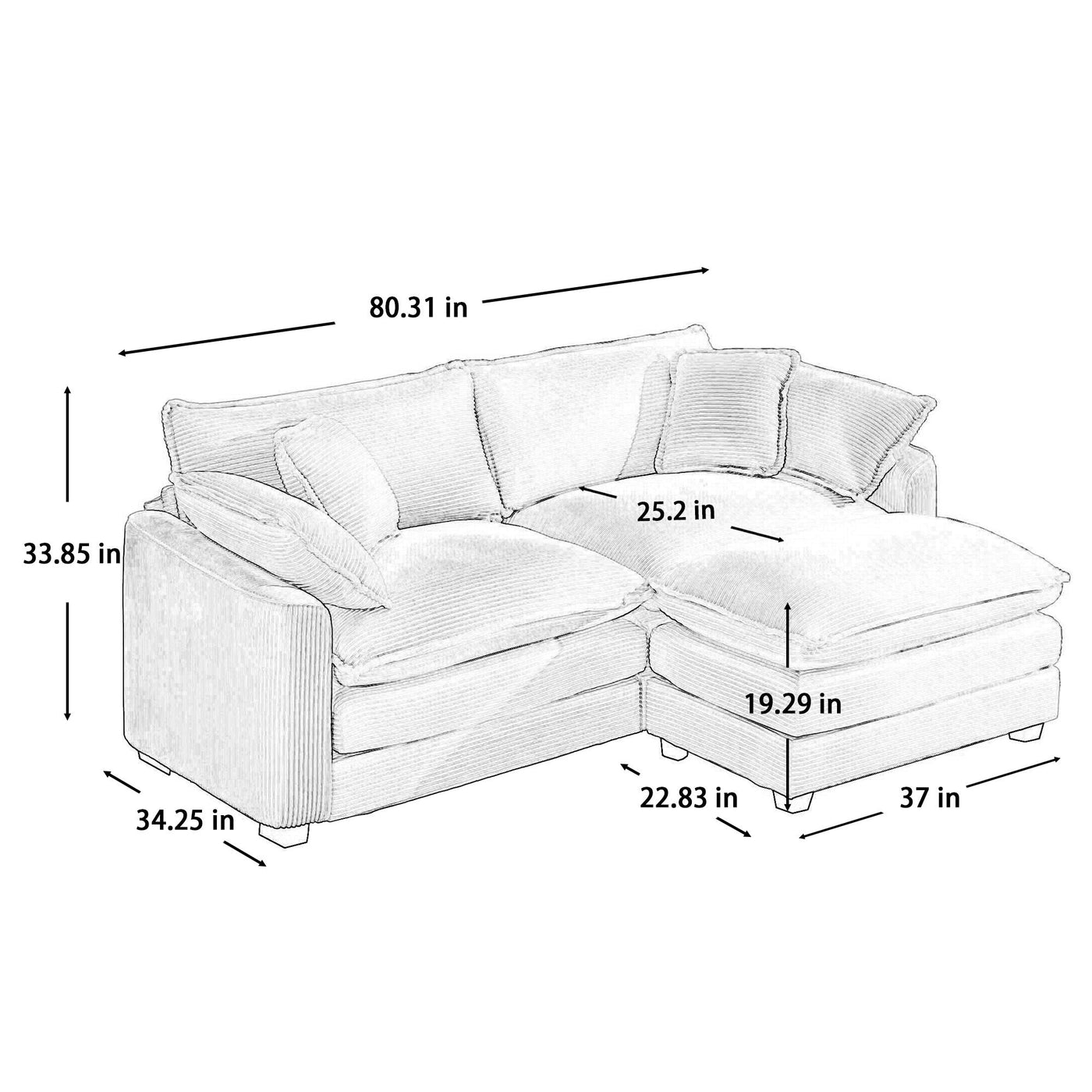 Light Beige Corduroy L-Shaped Two-Seater Sofa with Ottoman for Small Living Spaces