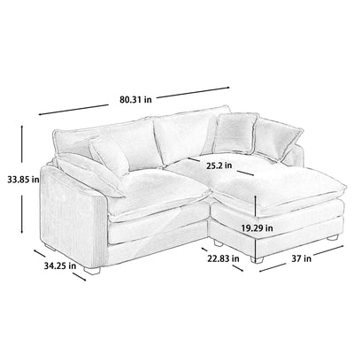 Light Beige Corduroy L-Shaped Two-Seater Sofa with Ottoman for Small Living Spaces