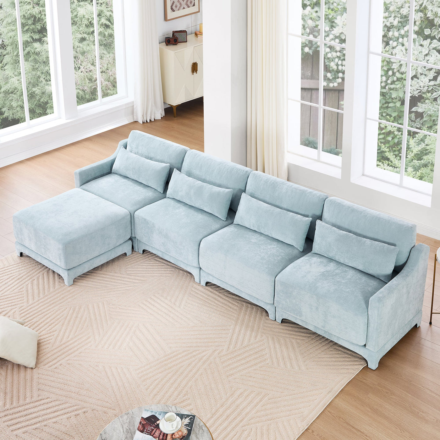 Stylish Four-Seater Sofa with Movable Ottoman in Sky Blue Chenille Fabric with Ergonomic Design