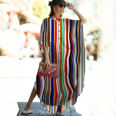 Beach Cover-up Elastic Printing Oversized Button Vacation Robe