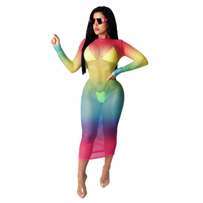 Wear Nightclub Super Elastic Angular Mesh Printed Dress