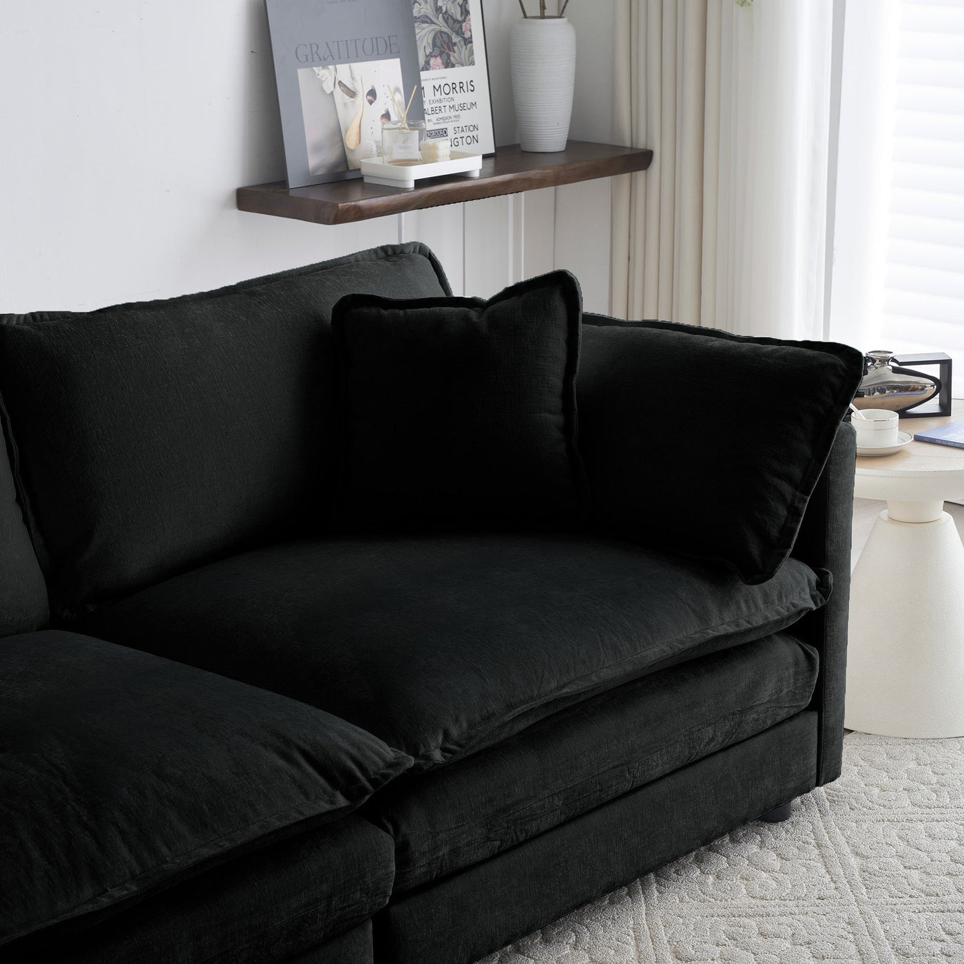 Chenille Two-Seater Sofa with 1 Footrest, 2 Seater L-Shaped Sectional with Ottoman,Loveseat with Ottoman for Small Living Space, Black Chenille