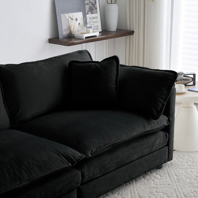 Chenille Two-Seater Sofa with 1 Footrest, 2 Seater L-Shaped Sectional with Ottoman,Loveseat with Ottoman for Small Living Space, Black Chenille