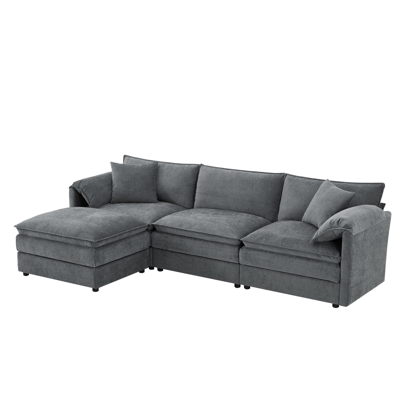 Chenille Modular Sectional Sofa with Deep and Wide Seat in Dark Gray, L Shaped Cloud Couch Set with Double Cushions, 4 Seat Sofa with Movable Ottoman