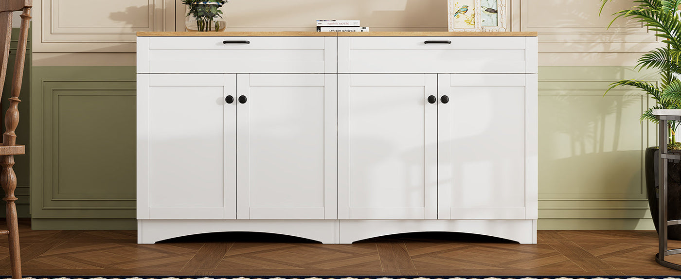 ON-TREND Farmhouse TV Stand with 2 Drawers for TVs Up to 70', Versatile Wood Grain Sideboard with Adjustable Shelves, Mid-Century Buffet Cabinet with Rustic Handles for Living Room/Bedroom, White