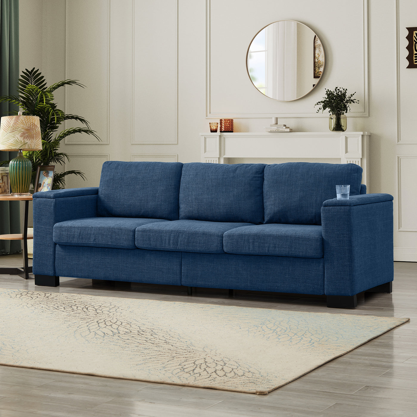 93.7' Modern Style Living Room Sofa Fabric Couch,Square Arm Sofa with Cup Holder,Storage Sofa,Upholstered Polyester Blue.
