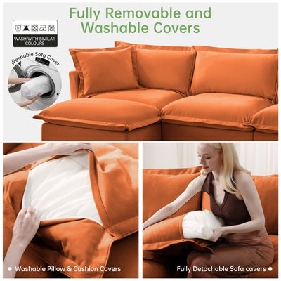 L-Shaped Slipcovered Sectional Sofa Couch, Comfy Chenille Deep Seat Cloud Couch with Convertible Ottoman & 2 Big Pillows, Modern Oversized 3 Seater Slipcovered Sofa Set for Living Room Office, Orange