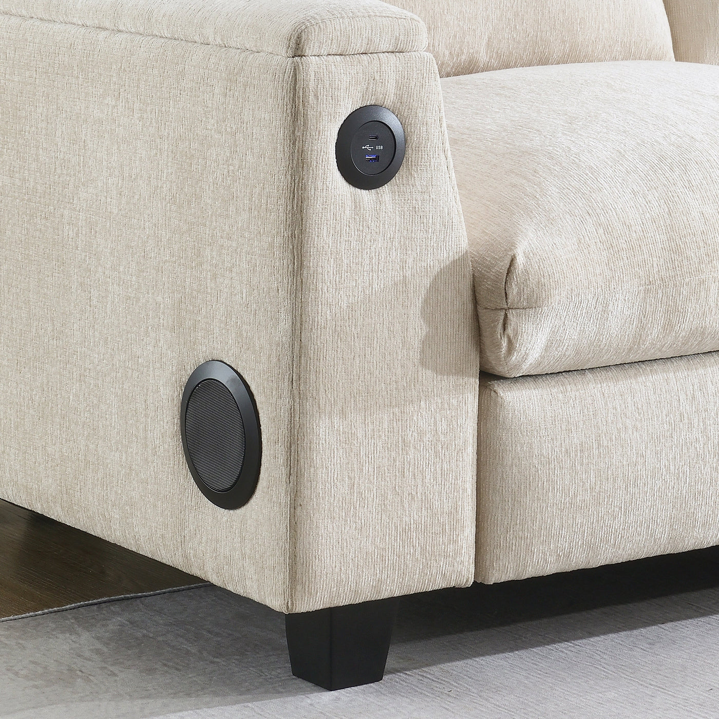 Chenille Sectional Sofa with Bluetooth Speaker, Comfy Cloud Couch Set with Drop Down Table, Cup Holders, USB Charger, Storage Armrest, Wide Seat, 96*35''