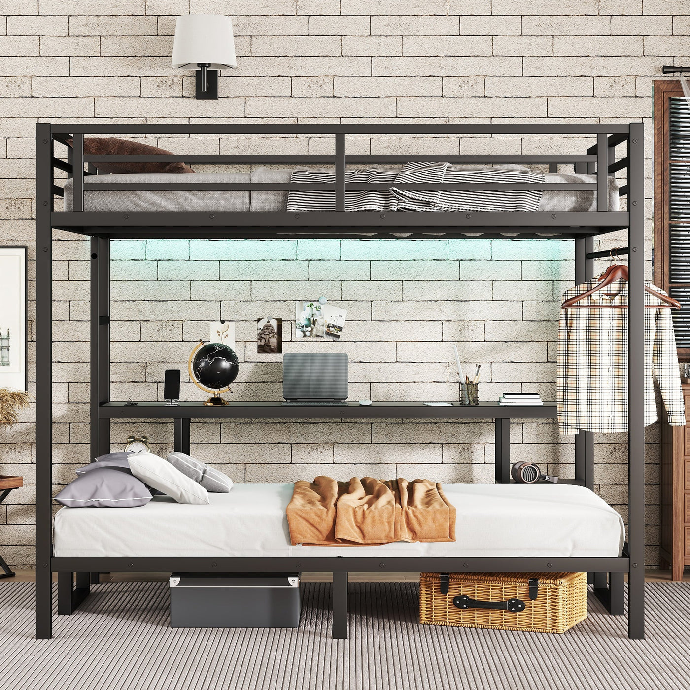 Queen Over Twin XL Metal Bunk Bed/Loft Bed with Desk and Shelves, Multiple Uses Folds into Sofa with LED and USB, Black