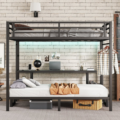 Queen Over Twin XL Metal Bunk Bed/Loft Bed with Desk and Shelves, Multiple Uses Folds into Sofa with LED and USB, Black
