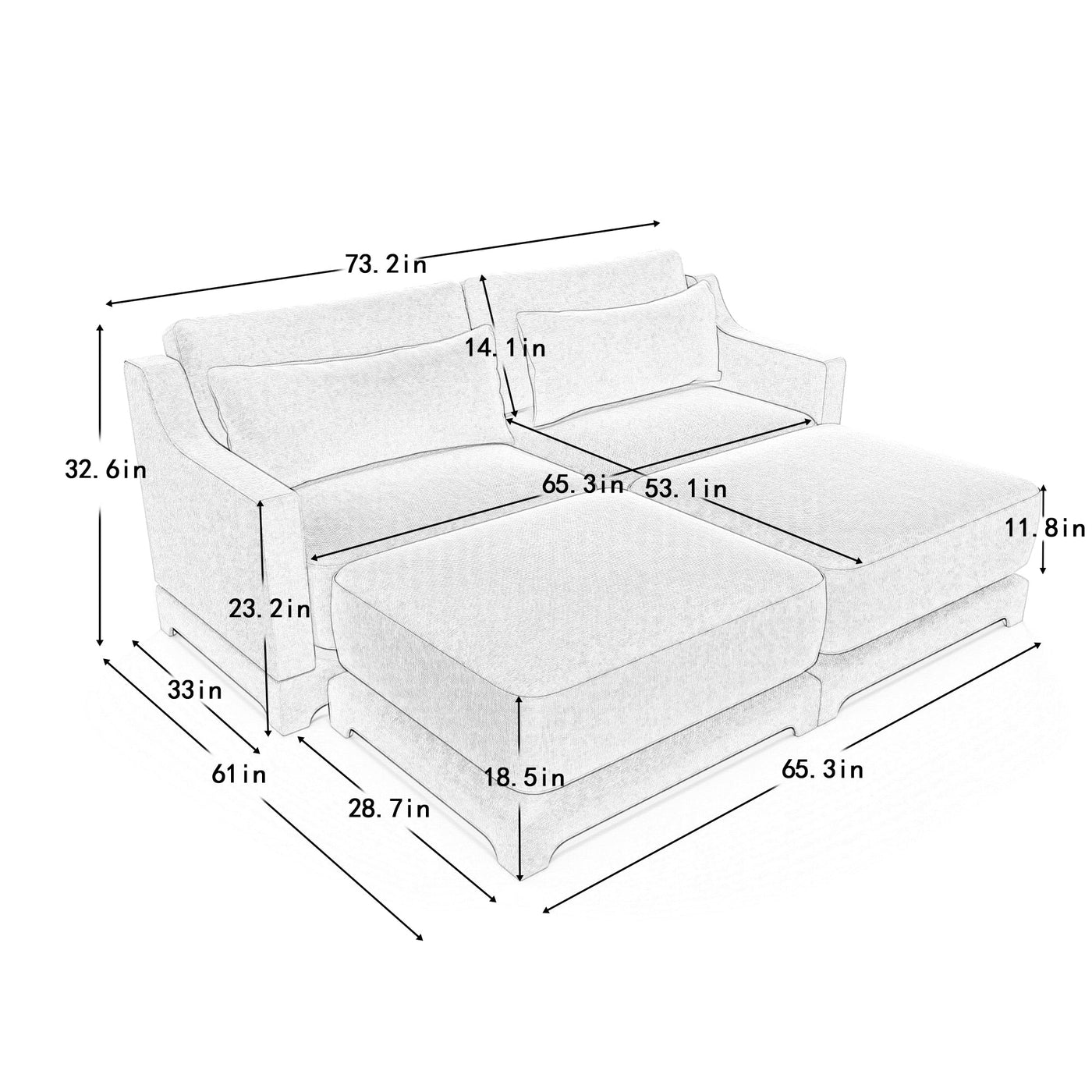 Stylish Two-Seater Sofa with Ottoman and Lumbar Pillows, Green Chenille Fabric, Ergonomic Design