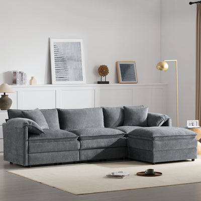 Chenille Modular Sectional Sofa with Deep and Wide Seat in Dark Gray, L Shaped Cloud Couch Set with Double Cushions, 4 Seat Sofa with Movable Ottoman