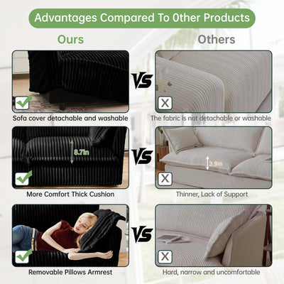 Slipcovered Long Sofa, 4 Seater Sofa with Removable Cover, Extra Deep Couch for Living Room, Corduroy Fabric Cloud Like Comfy Sofa Couch, Black Corduroy Fabric