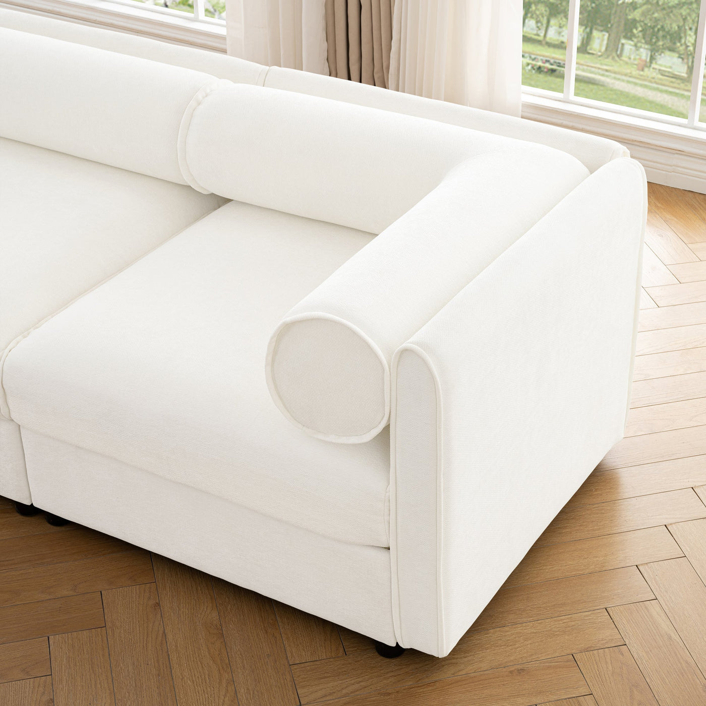 Stylish Modern Fabric 2-Seater Sofa with Ottoman Storage, White Chenille, Cylindrical Backrest and Armrests