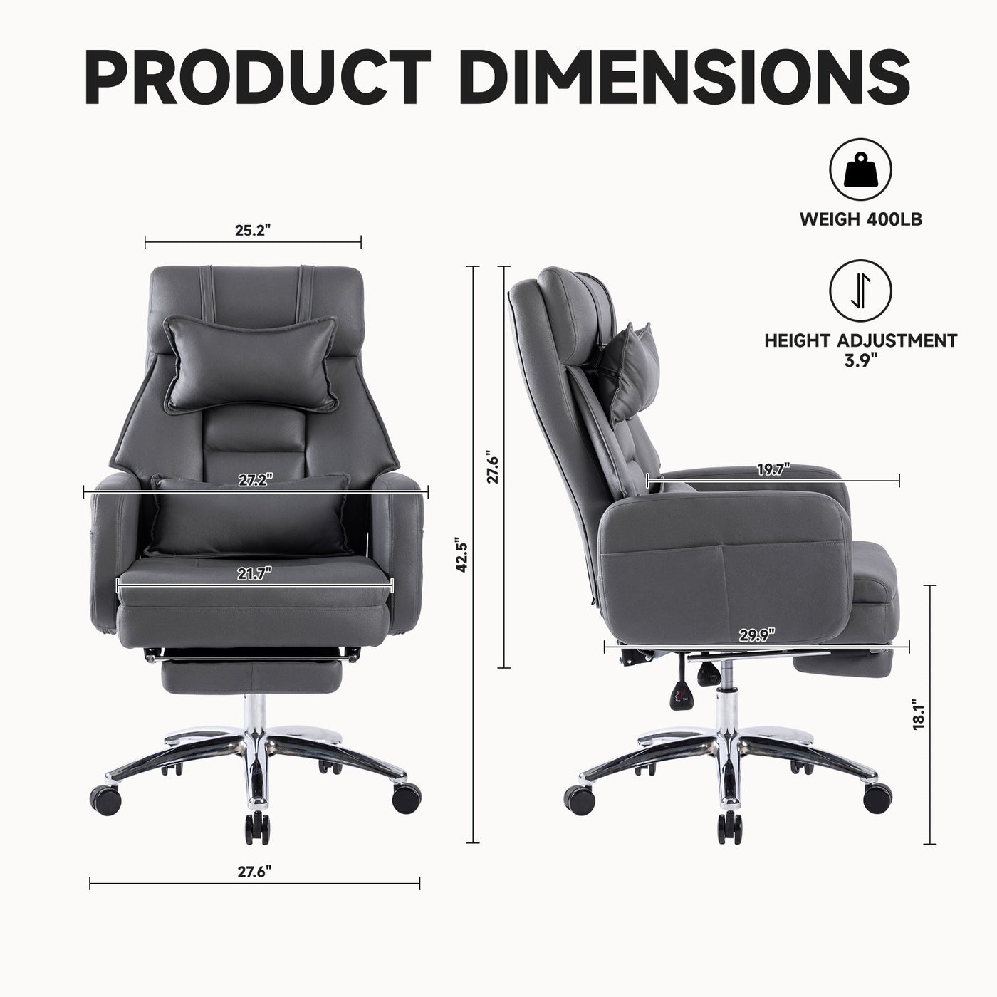 Swivel Ergonomic Office Chair, Technology Leather  High Back Office Chair with Lumbar Support Headrest, Sedentary Comfortable Boss Chair, 155° Reclining Computer Chair (Color : DARK GREY)