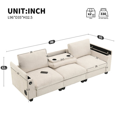 Chenille Sectional Sofa with Bluetooth Speaker, Comfy Cloud Couch Set with Drop Down Table, Cup Holders, USB Charger, Storage Armrest, Wide Seat, 96*35''