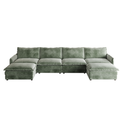 Corduroy Fabric 4-Seater Comfy Cloud Couch with 2 Movable Footrest for Living Room,Oversized Deep Seat U-Shaped Couch Set, Upholstered Large Size Deep Seat Sofa with 4 cushions
