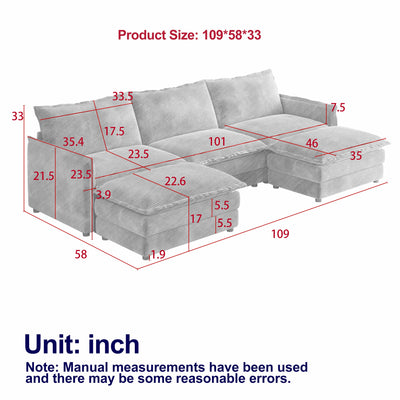 Corduroy Fabric 3-Seater Comfy Cloud Couch with 2 Movable Footrest for Living Room,Oversized Deep Seat U Shaped Couch Set, Upholstered Large Size Deep Seat 2-Seat Sofa with 3 cushions