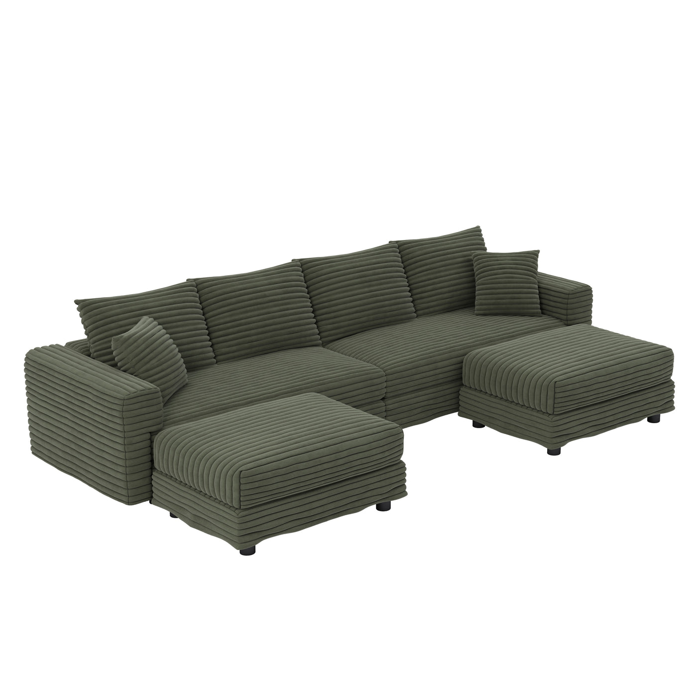104.3 ' Plush Corduroy 4-Seat Sofa, Modern Comfy Upholstered Sofa Cloud Couch, Deep Seat Couches with Soft Pillows and 2 Ottomans, Convertible Sofa Lounge Chair, for Living Room,Apartment,Office,Green