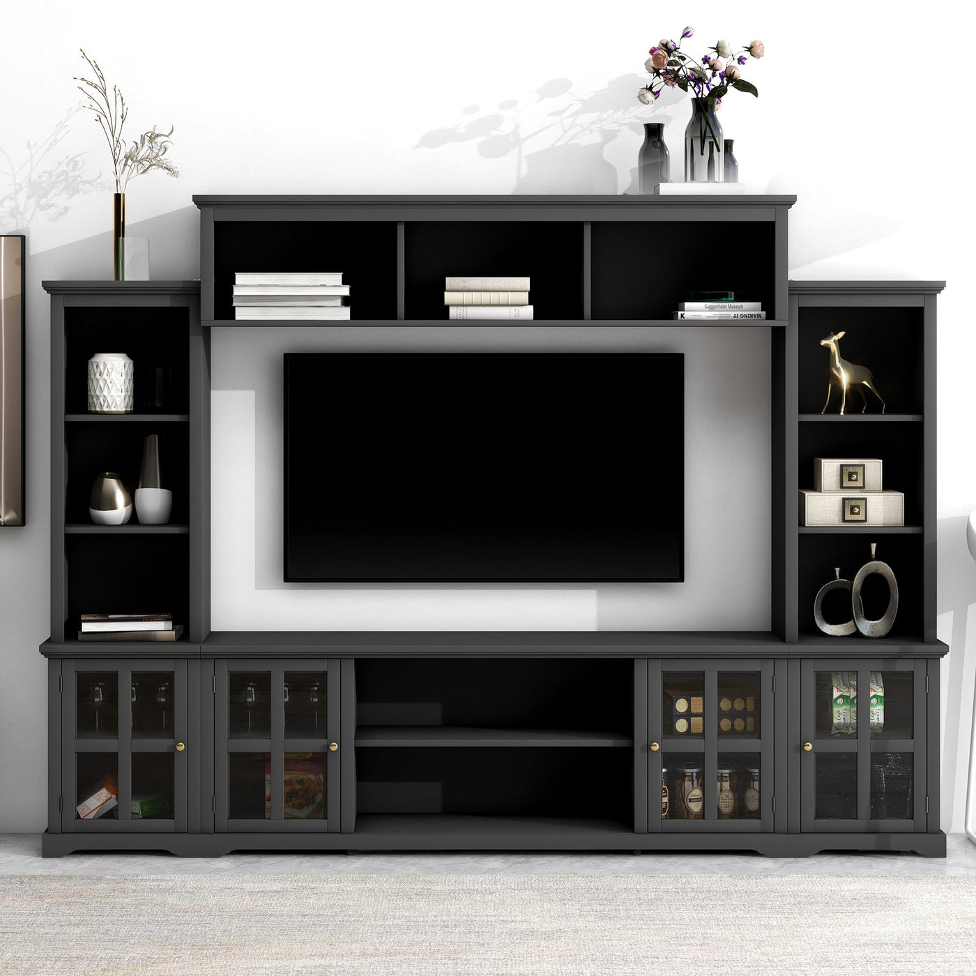 [VIDEO provided] ON-TREND Minimalism Entertainment Wall Unit with Bridge, Modern TV Console Table for TVs Up to 70', Multifunctional TV Stand with Tempered Glass Door, Black (Old SKU: SD000009AAB)