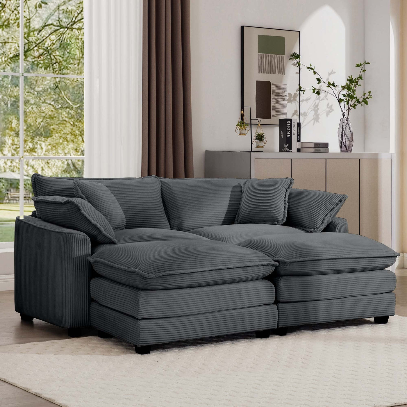 Contemporary Corduroy Two-Seater Sofa with Ottoman, Grey, Ideal for Small Spaces