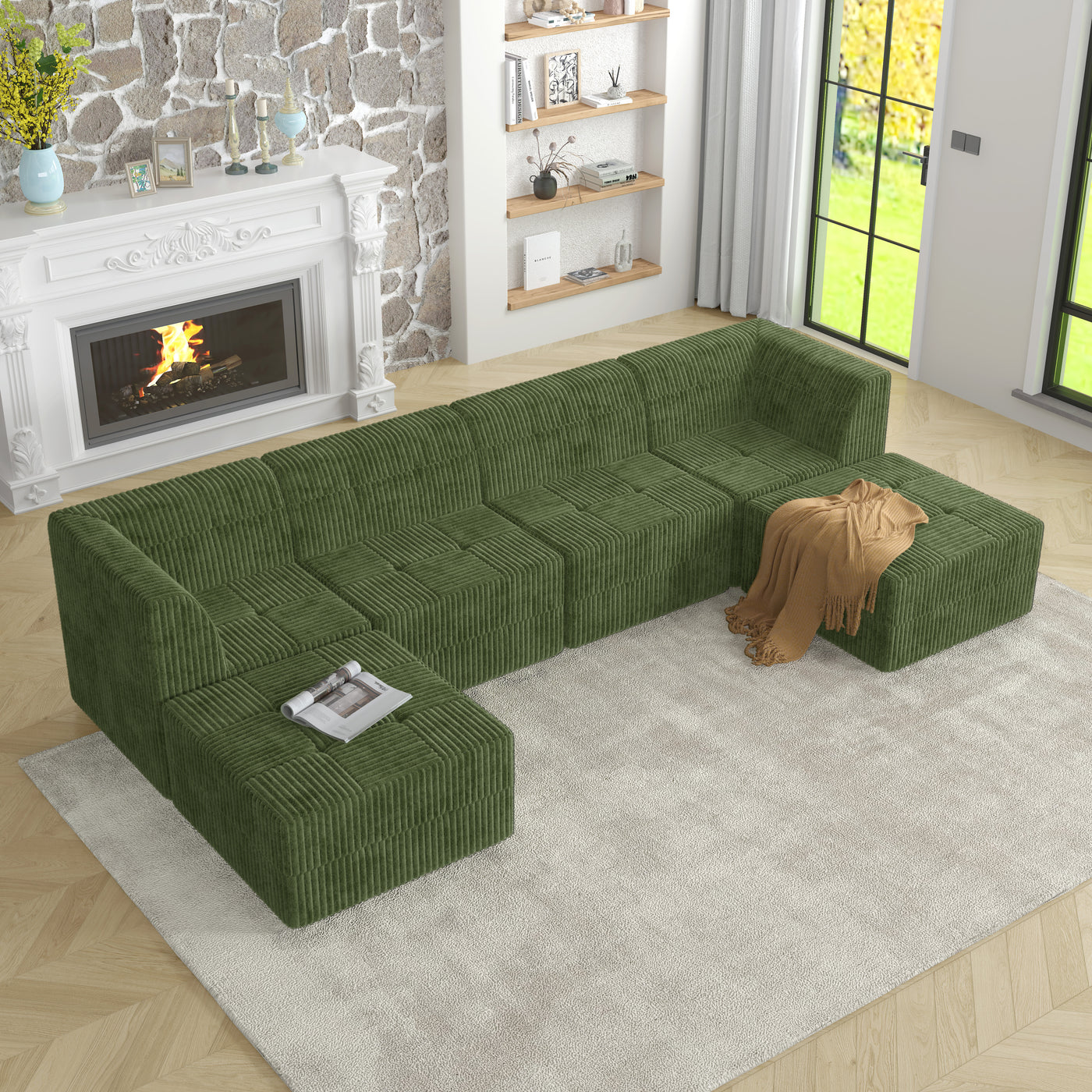 U shape Modular Sectional Sofa, Compressed Sectional Sofa Modern Minimalist Style Corduroy Couch, Sleeper Sofa for Living Room, Bedroom, Comfy Compressed Sofa Couch Space-Efficient Design-GREEN