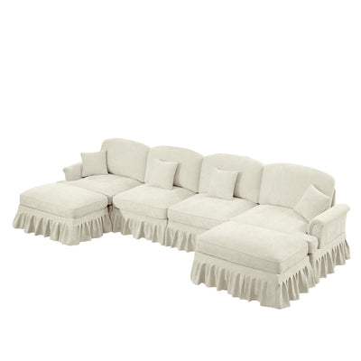 Classic U Shape 4 Seater Modular Sectional Sofa Couch with Flared Arms and Removable Ruffles Pleats Skirts and Spindle Legs, Chenille Deep Seat Cloud Sofa with Movable Ottomans, Beige White