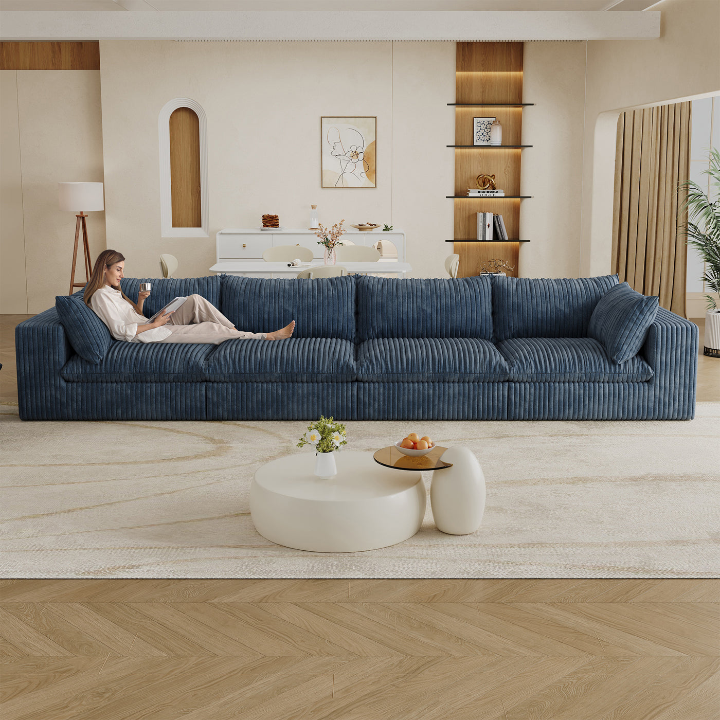 157.6'Cloud Sofa,Corduroy Fabric,Deep Seat Couches,Double-layer design,Removable  Cushion,No Assembly,DIY Combination for Living room, Bedroom,Conference room ,Apartment,Blue