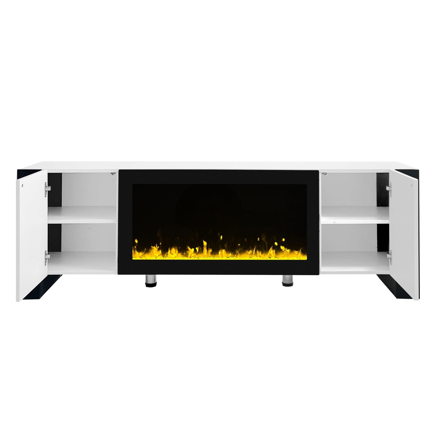 ON-TREND Modern TV Stand with 34.2' Non-heating Electric Fireplace, High Gloss Entertainment Center with 2 Cabinets, Media Console for TVs up to 78', White